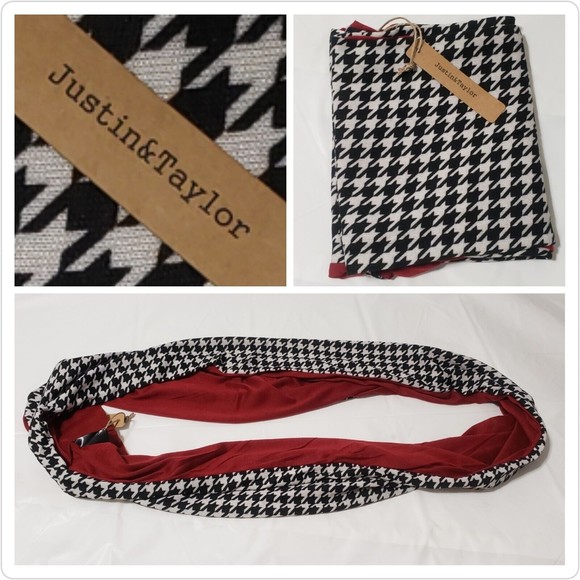 justin&taylor Infinity Scarf Houndstooth Black & White Burgandy Justin & Taylor - Picture 1 of 16